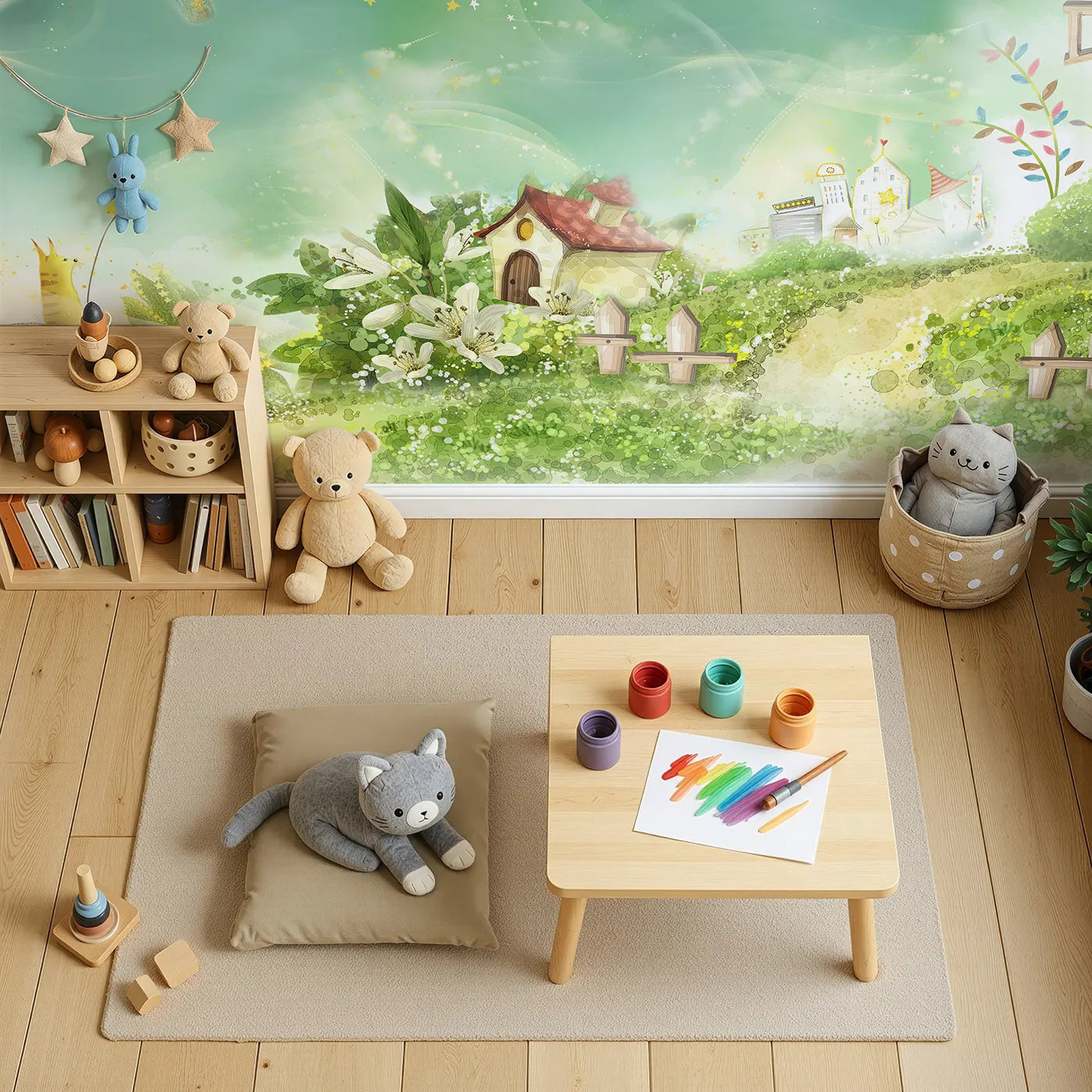 Top-down view of Whimsy Tots' Magical Village Wall Mural (Turn Their Room into a Sparkling, Enchanted World).Gender-Neutral