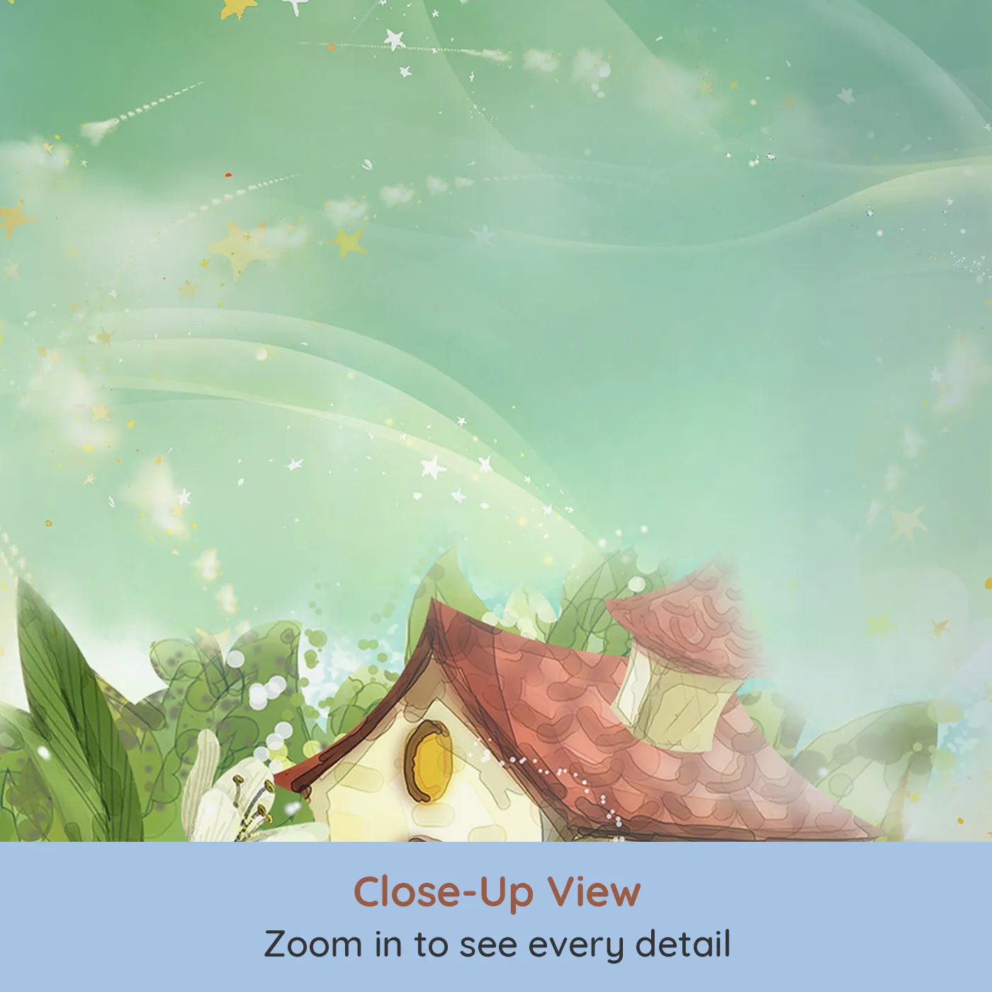 Close-up view of Whimsy Tots' Magical Village Wall Mural (Turn Their Room into a Sparkling, Enchanted World).Gender-Neutral