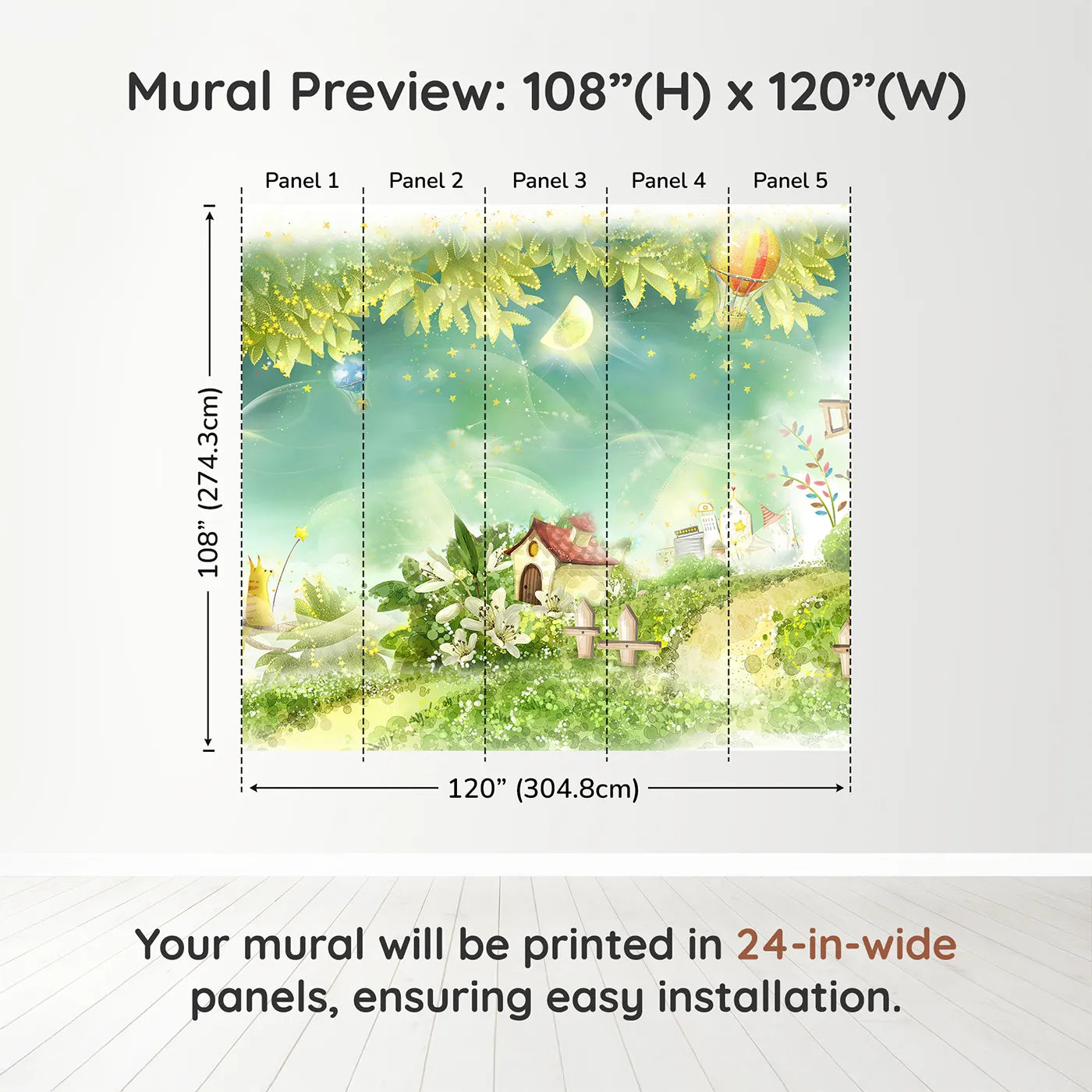 Whimsy Tots Magical Village Wall Muraldimension view (108" H x 120" W). Printed in five 24-inch-wide panels. Gender-Neutral