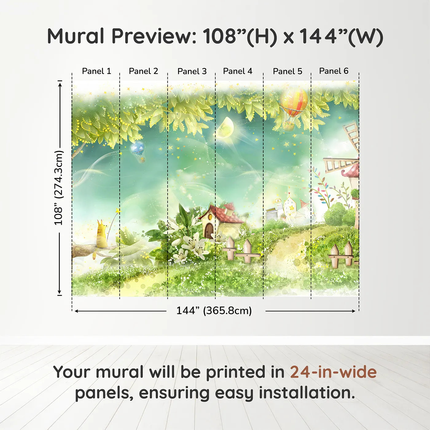 Whimsy Tots Magical Village Wall Muraldimension view (108" H x 144" W). Printed in six 24-inch-wide panels. Gender-Neutral