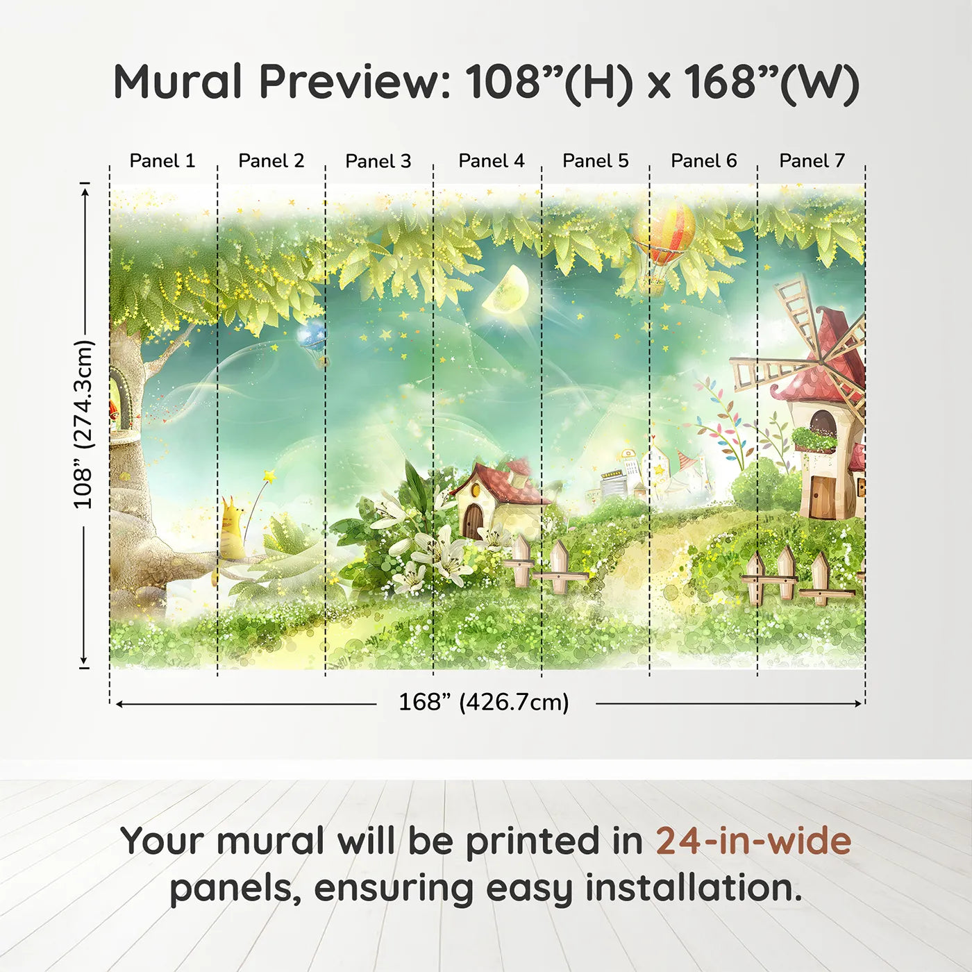 Whimsy Tots Magical Village Wall Muraldimension view (108" H x 168" W). Printed in seven 24-inch-wide panels. Gender-Neutral