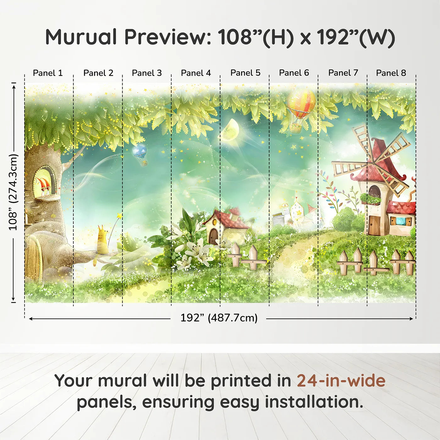 Whimsy Tots Magical Village Wall Muraldimension view (108" H x 192" W). Printed in eight 24-inch-wide panels. Gender-Neutral