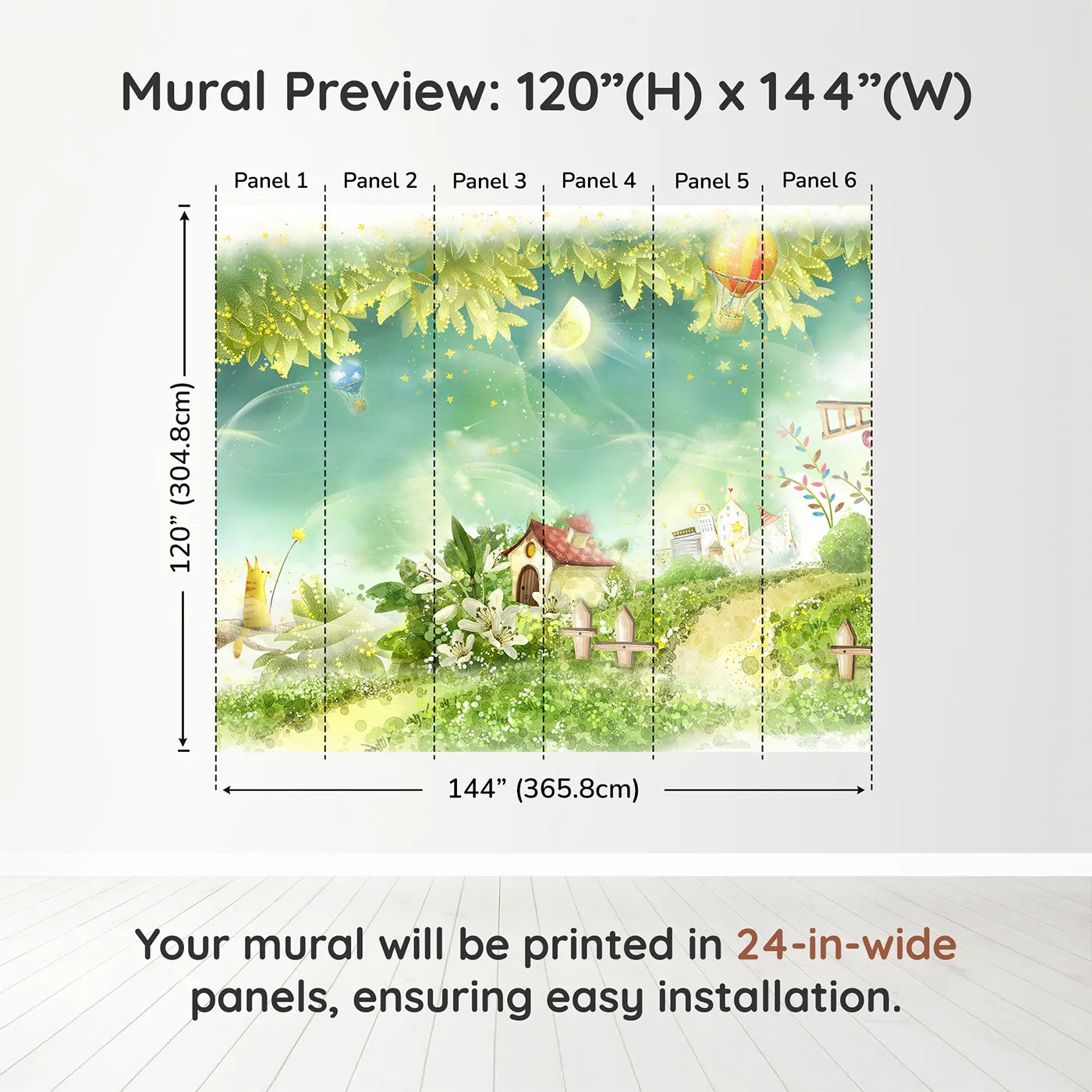 Whimsy Tots Magical Village Wall Muraldimension view (120" H x 144" W). Printed in six 24-inch-wide panels. Gender-Neutral