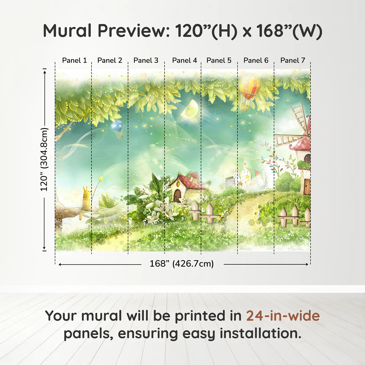 Whimsy Tots Magical Village Wall Muraldimension view (120" H x 168" W). Printed in seven 24-inch-wide panels. Gender-Neutral
