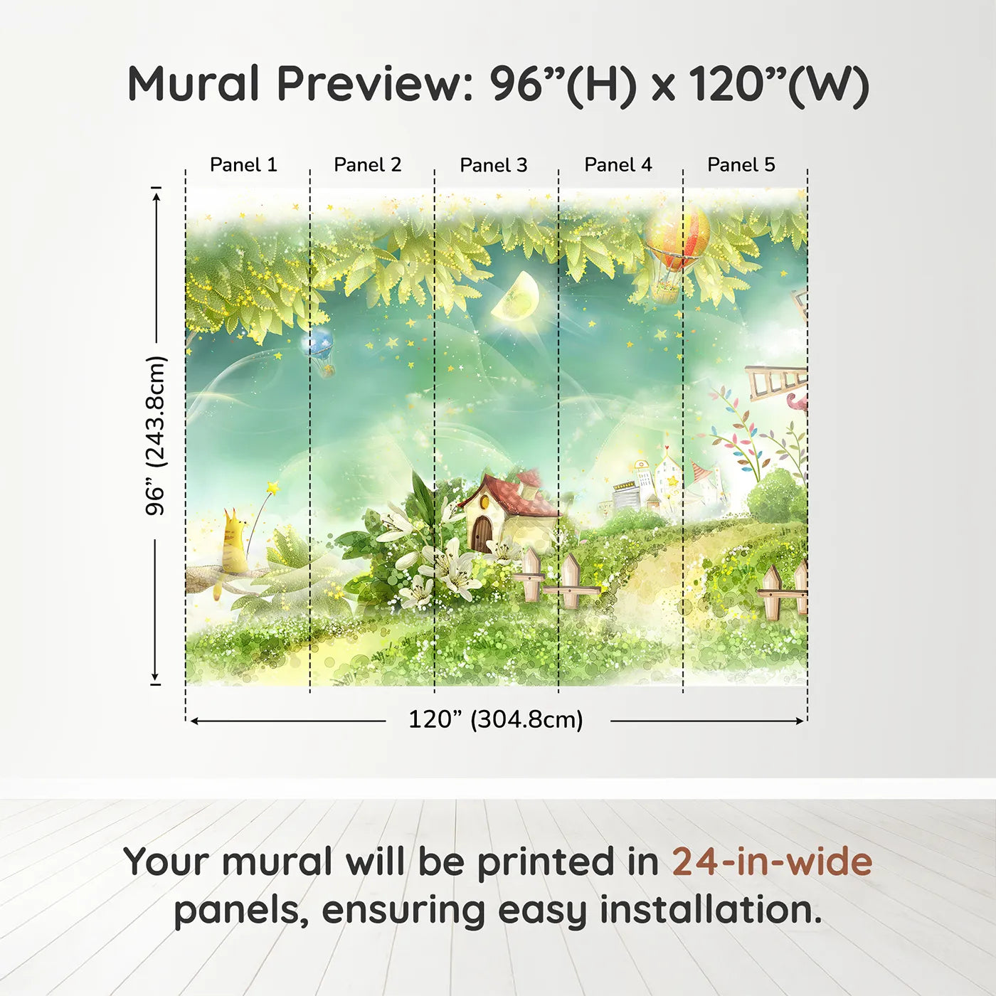 Whimsy Tots Magical Village Wall Muraldimension view (96" H x 120" W). Printed in five 24-inch-wide panels. Gender-Neutral
