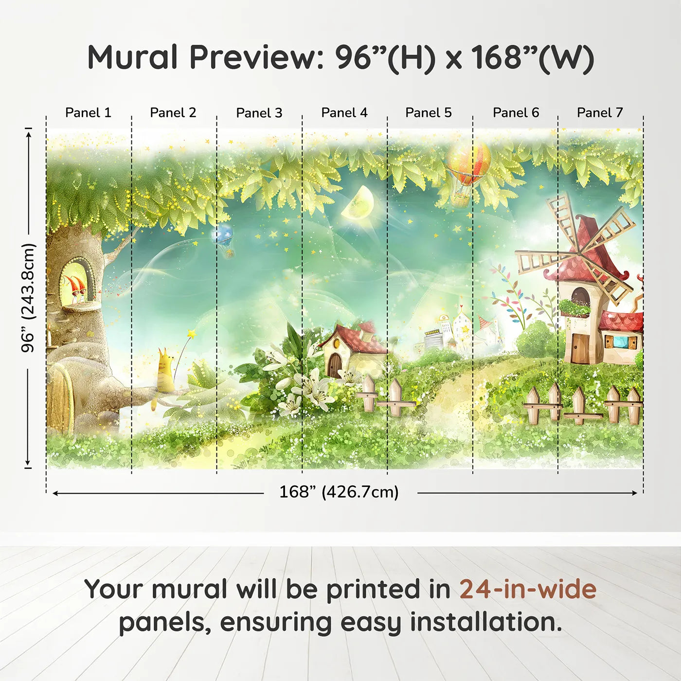 Whimsy Tots Magical Village Wall Muraldimension view (96" H x 168" W). Printed in seven 24-inch-wide panels. Gender-Neutral