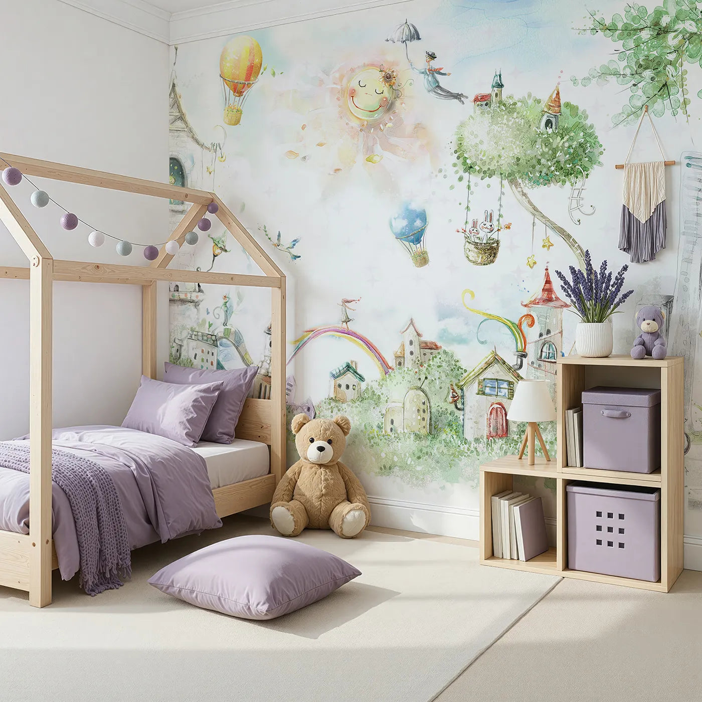 Angled view of Whimsy Tots' Whimsical City of Dreams Wall Mural (Turn Their Room into a Sprawling, Magical World).Gender-Neutral