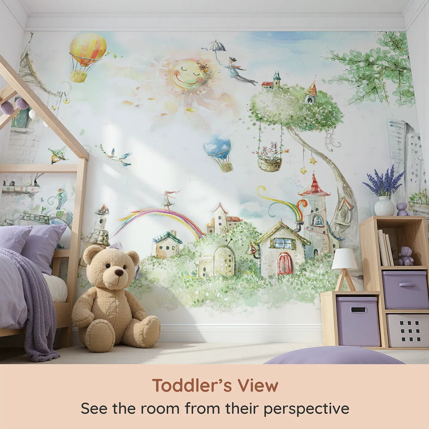Whimsy Tots Whimsical City of Dreams Wall Mural (Turn Their Room into a Sprawling, Magical World) from your child's view.Gender-Neutral