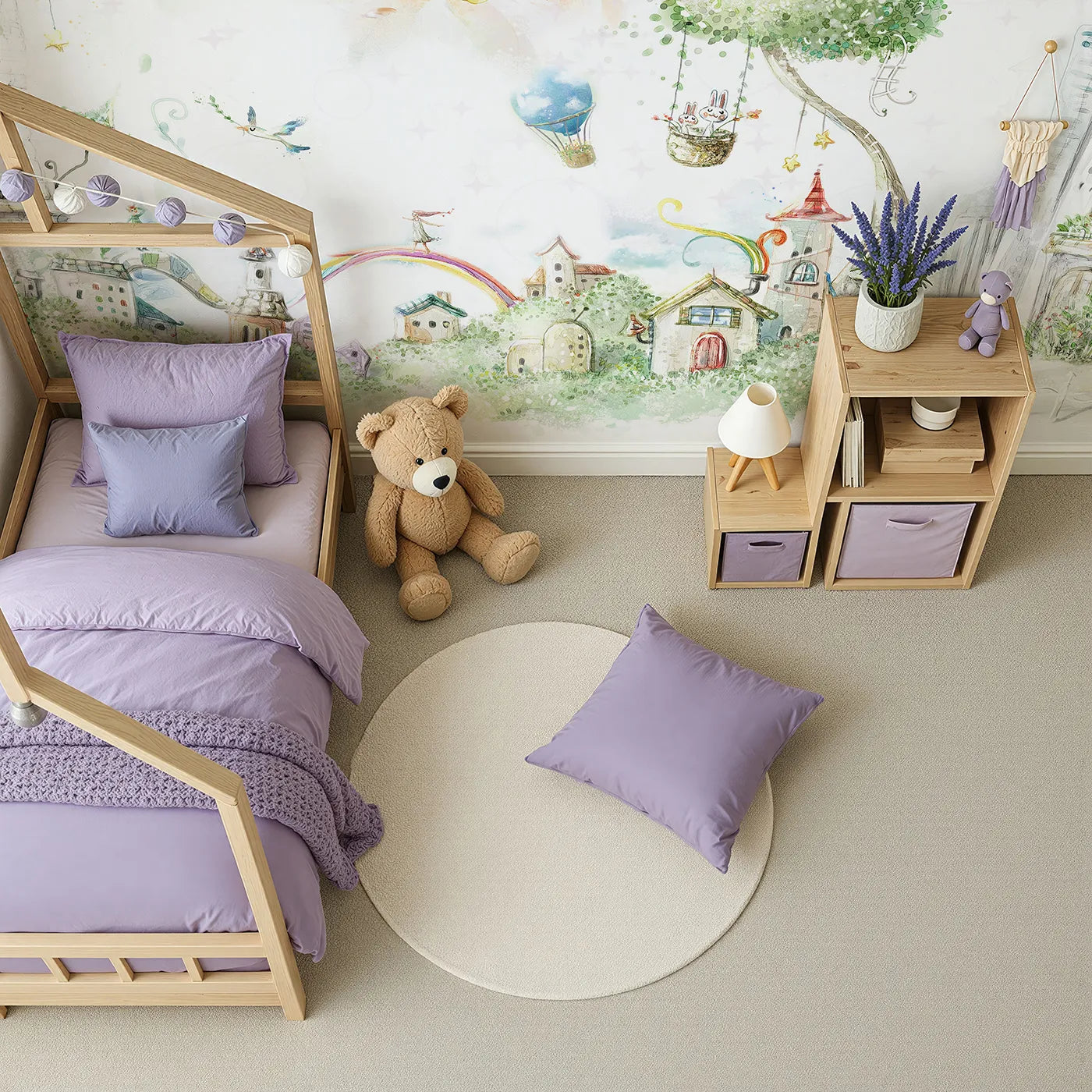 Top-down view of Whimsy Tots' Whimsical City of Dreams Wall Mural (Turn Their Room into a Sprawling, Magical World).Gender-Neutral