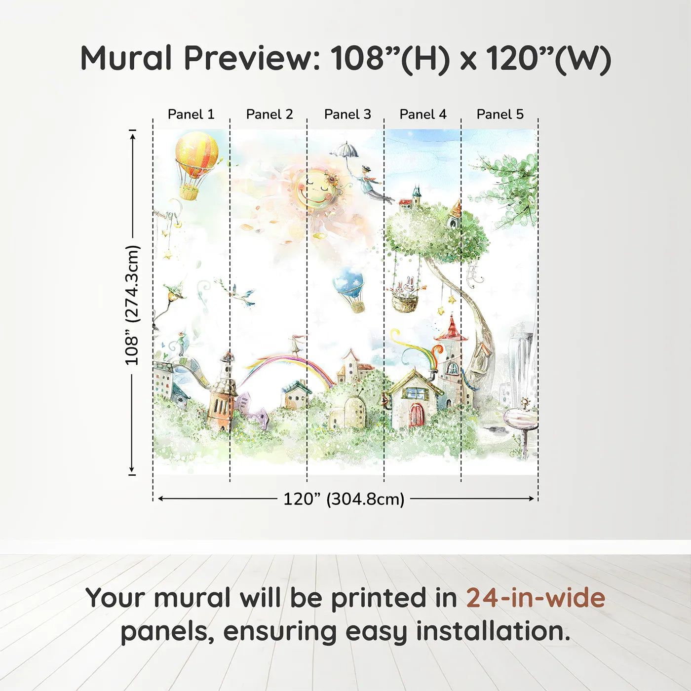Whimsy Tots Whimsical City of Dreams Wall Muraldimension view (108" H x 120" W). Printed in five 24-inch-wide panels. Gender-Neutral