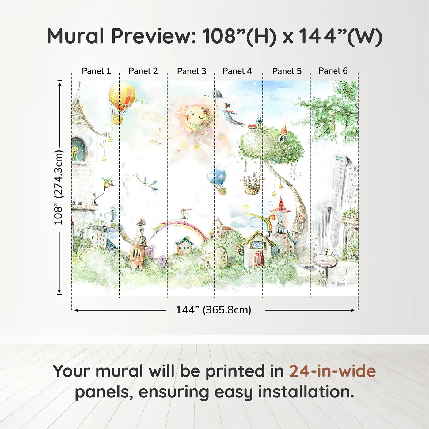 Whimsy Tots Whimsical City of Dreams Wall Muraldimension view (108" H x 144" W). Printed in six 24-inch-wide panels. Gender-Neutral