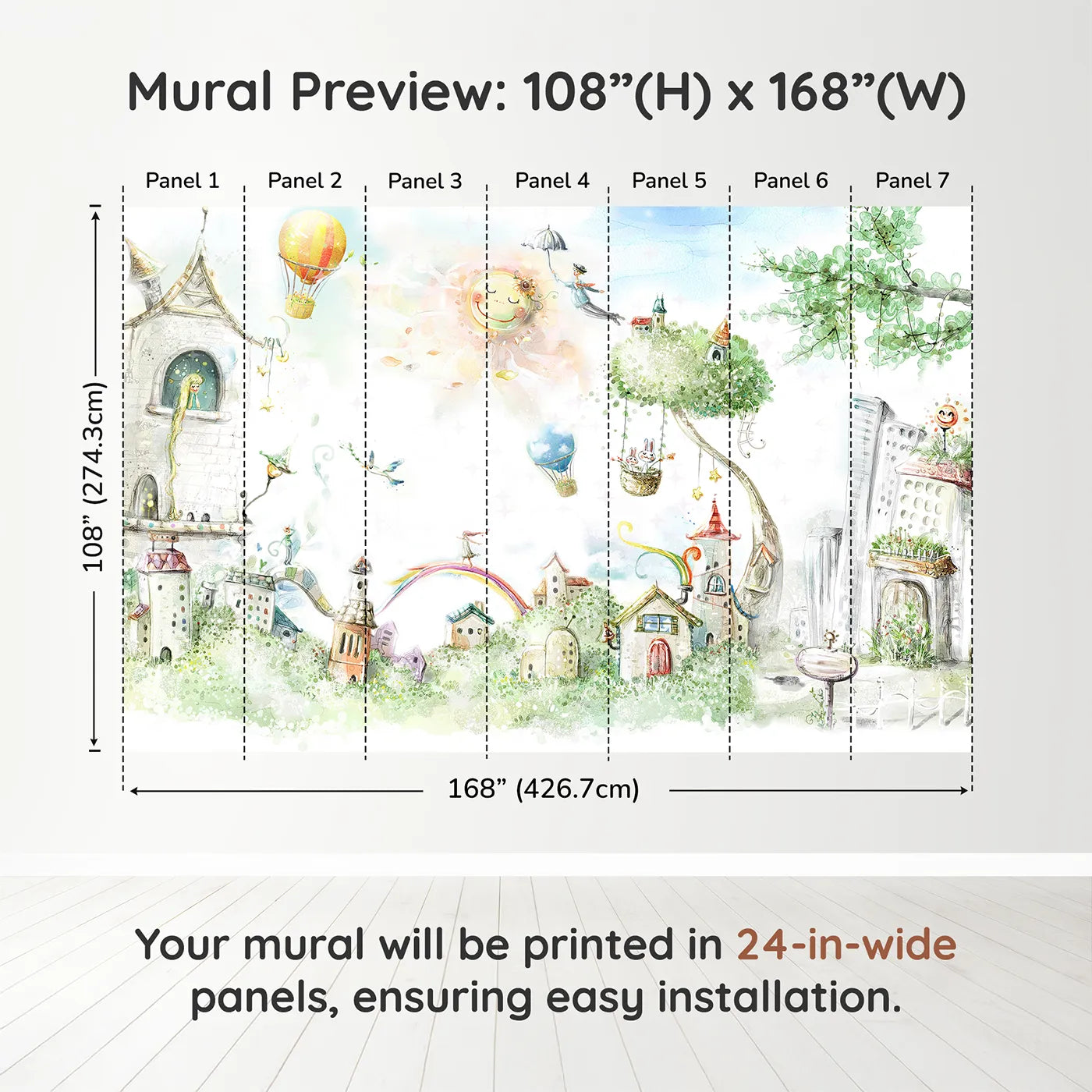 Whimsy Tots Whimsical City of Dreams Wall Muraldimension view (108" H x 168" W). Printed in seven 24-inch-wide panels. Gender-Neutral