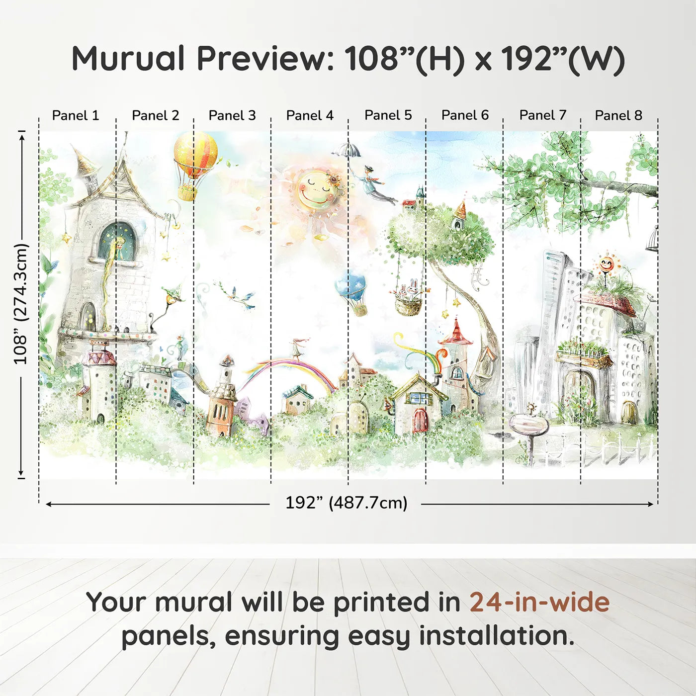 Whimsy Tots Whimsical City of Dreams Wall Muraldimension view (108" H x 192" W). Printed in eight 24-inch-wide panels. Gender-Neutral