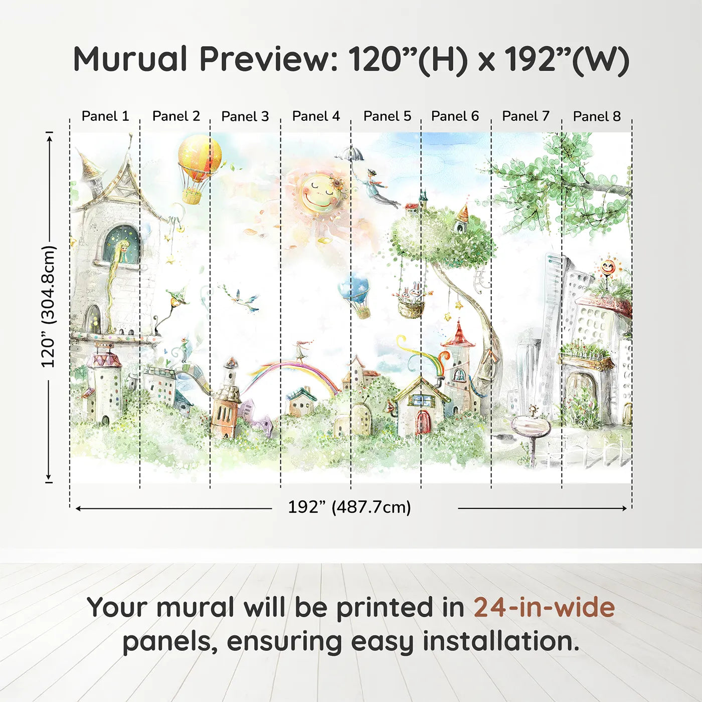 Whimsy Tots Whimsical City of Dreams Wall Muraldimension view (120" H x 192" W). Printed in eight 24-inch-wide panels. Gender-Neutral