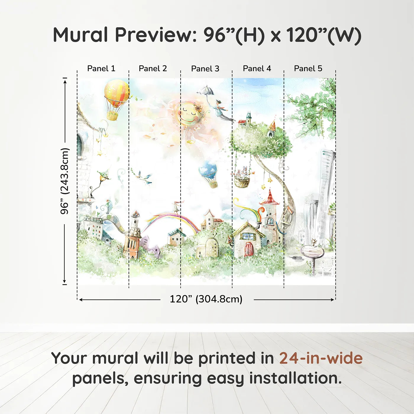 Whimsy Tots Whimsical City of Dreams Wall Muraldimension view (96" H x 120" W). Printed in five 24-inch-wide panels. Gender-Neutral