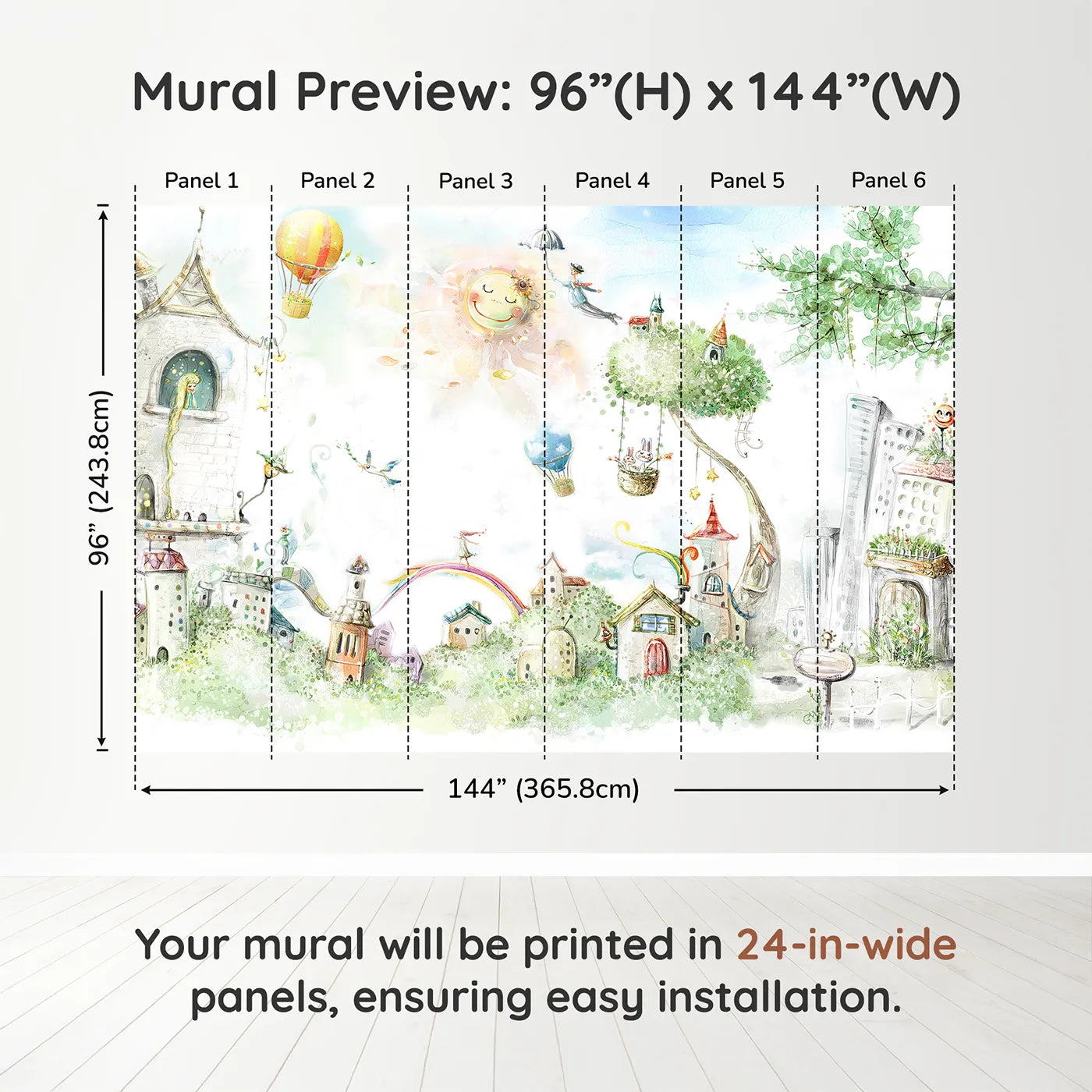 Whimsy Tots Whimsical City of Dreams Wall Muraldimension view (96" H x 144" W). Printed in six 24-inch-wide panels. Gender-Neutral