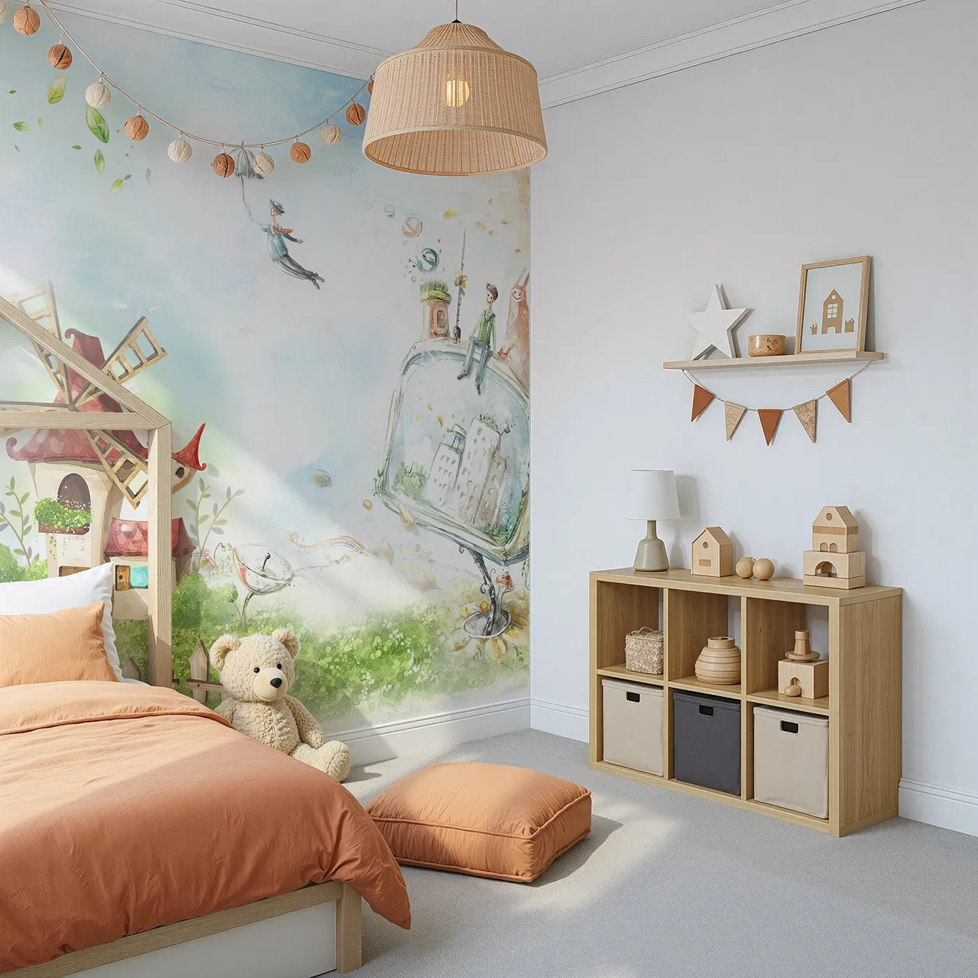Angled view of Whimsy Tots' Worlds of Imagination Wall Mural (Turn Their Room into a Place Where Anything is Possible).Gender-Neutral