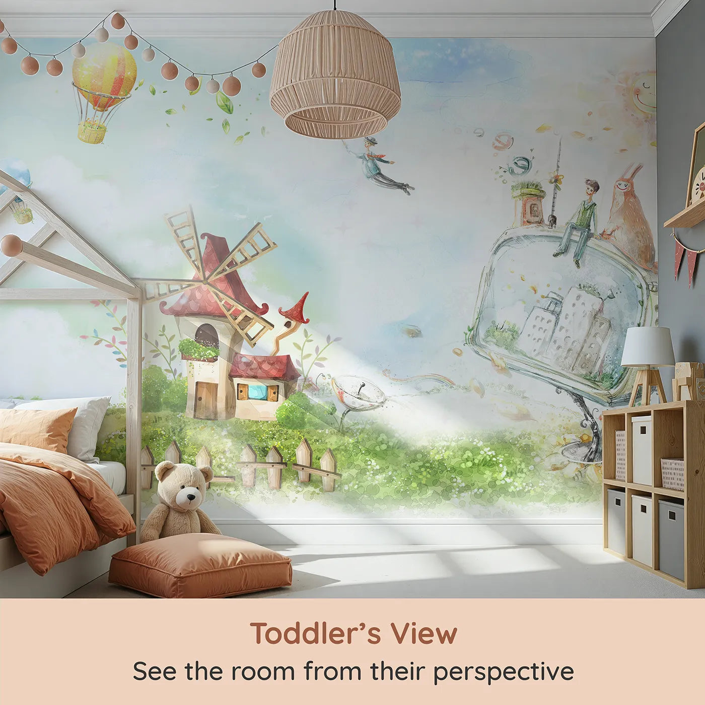 Whimsy Tots Worlds of Imagination Wall Mural (Turn Their Room into a Place Where Anything is Possible) from your child's view.Gender-Neutral