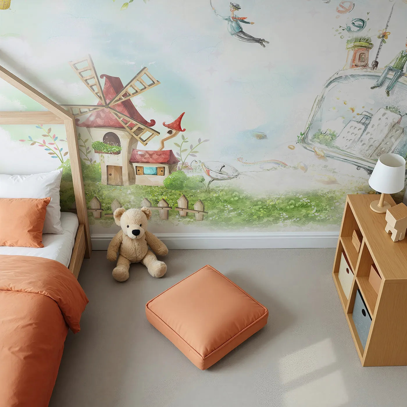 Top-down view of Whimsy Tots' Worlds of Imagination Wall Mural (Turn Their Room into a Place Where Anything is Possible).Gender-Neutral