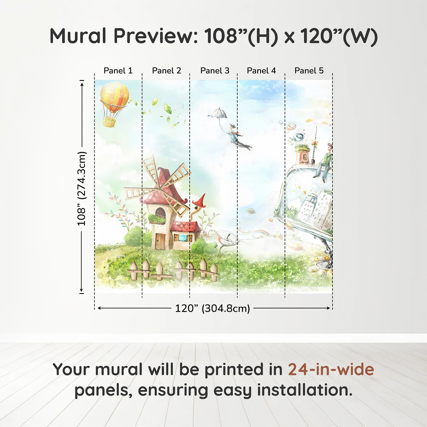 Whimsy Tots Worlds of Imagination Wall Muraldimension view (108" H x 120" W). Printed in five 24-inch-wide panels. Gender-Neutral