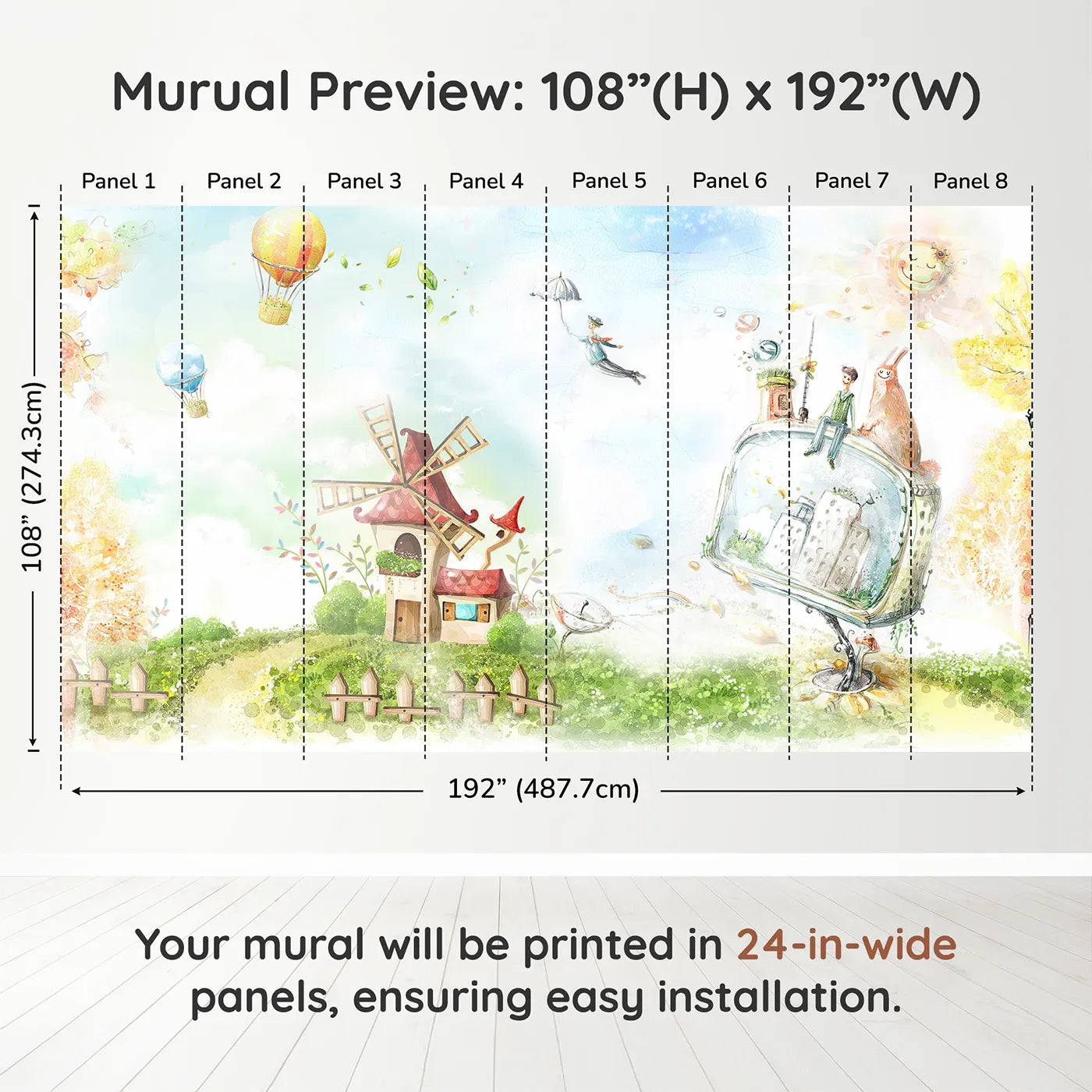 Whimsy Tots Worlds of Imagination Wall Muraldimension view (108" H x 192" W). Printed in eight 24-inch-wide panels. Gender-Neutral