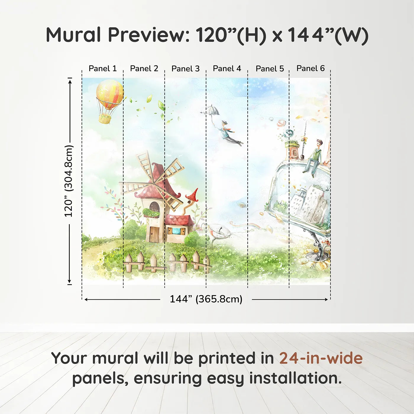 Whimsy Tots Worlds of Imagination Wall Muraldimension view (120" H x 144" W). Printed in six 24-inch-wide panels. Gender-Neutral
