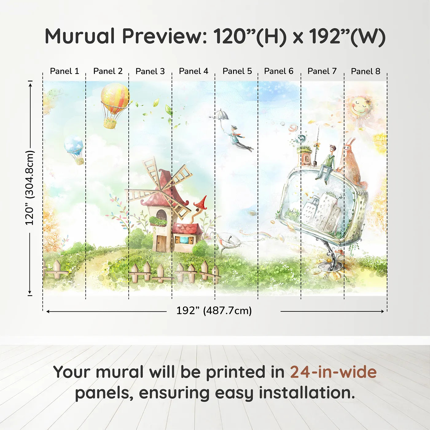 Whimsy Tots Worlds of Imagination Wall Muraldimension view (120" H x 192" W). Printed in eight 24-inch-wide panels. Gender-Neutral
