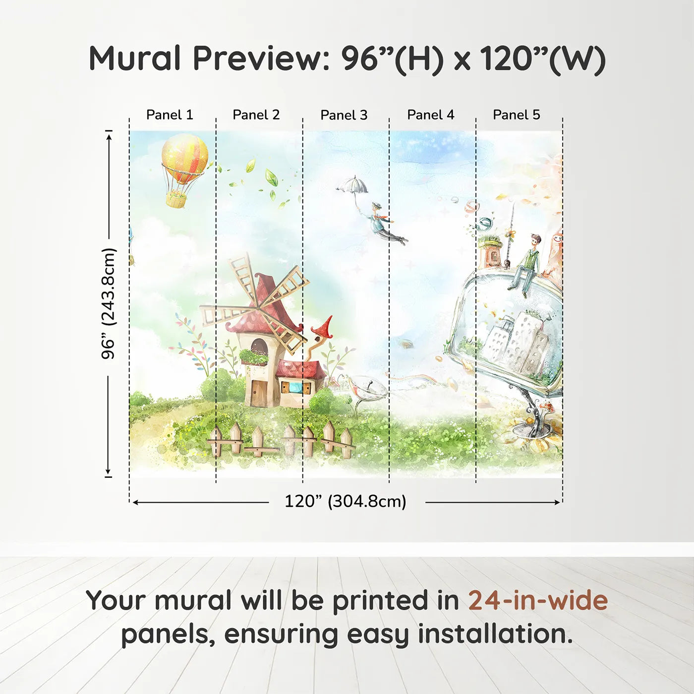 Whimsy Tots Worlds of Imagination Wall Muraldimension view (96" H x 120" W). Printed in five 24-inch-wide panels. Gender-Neutral