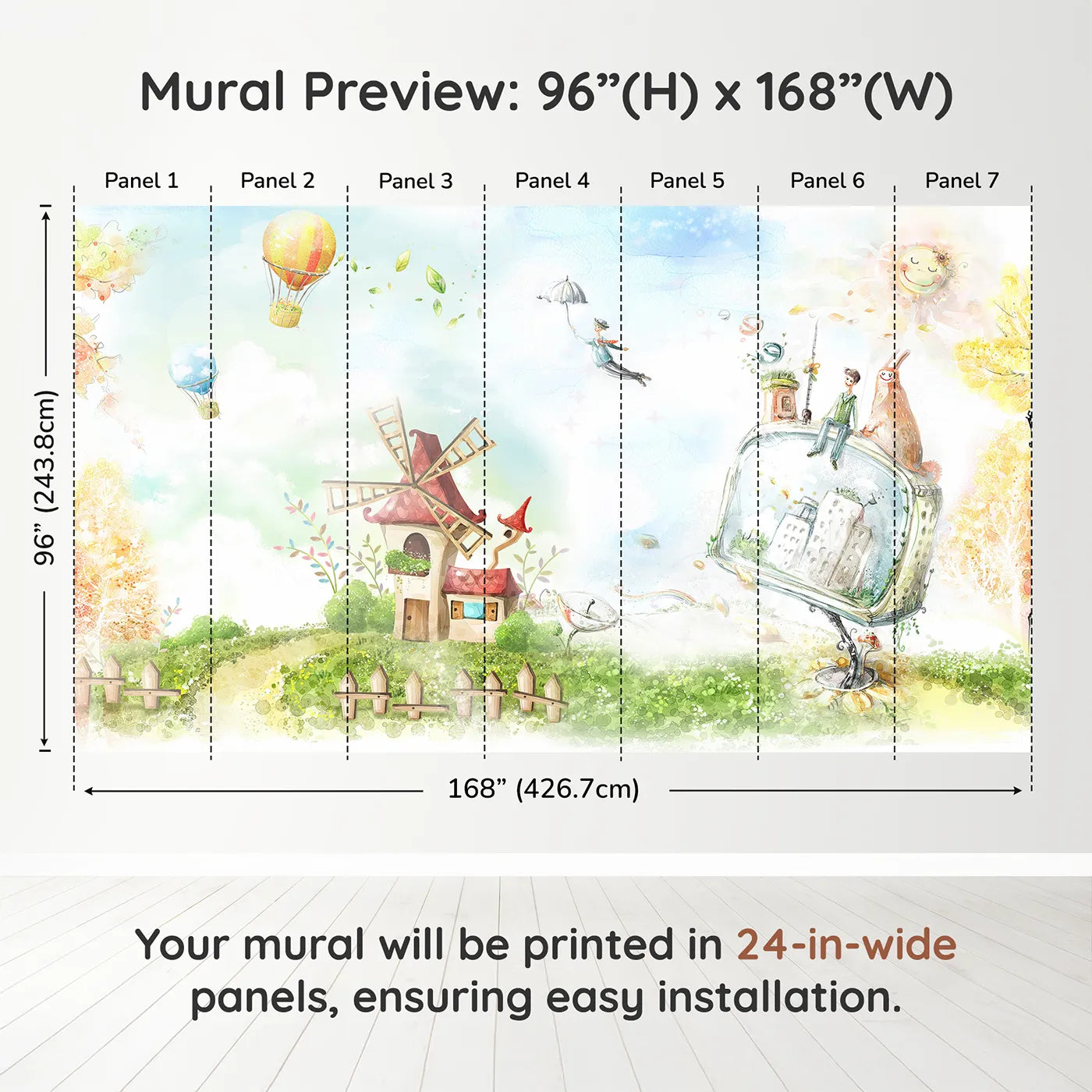 Whimsy Tots Worlds of Imagination Wall Muraldimension view (96" H x 168" W). Printed in seven 24-inch-wide panels. Gender-Neutral
