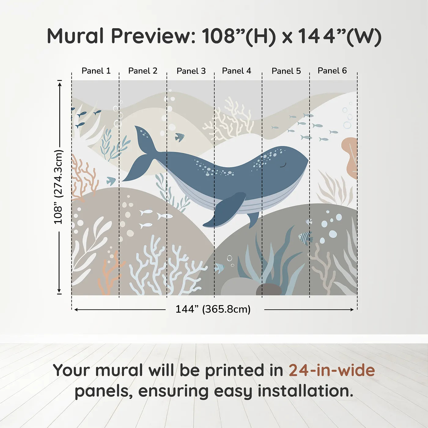 Whimsy Tots Neutral Tone Whale and Coral Wall Muraldimension view (108" H x 144" W). Printed in six 24-inch-wide panels. Gender-Neutral