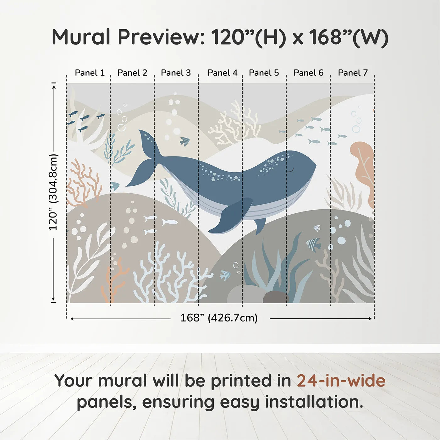 Whimsy Tots Neutral Tone Whale and Coral Wall Muraldimension view (120" H x 168" W). Printed in seven 24-inch-wide panels. Gender-Neutral