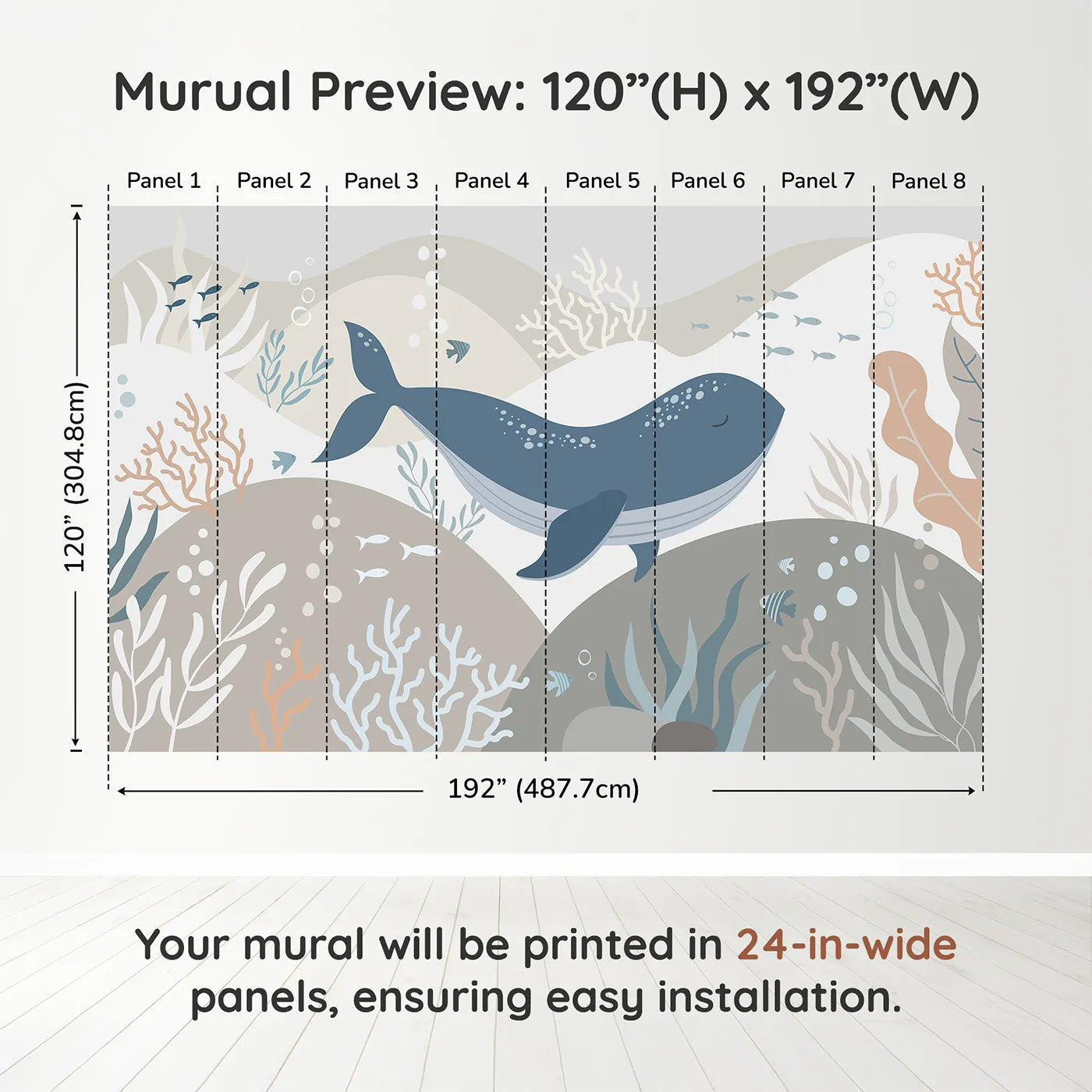 Whimsy Tots Neutral Tone Whale and Coral Wall Muraldimension view (120" H x 192" W). Printed in eight 24-inch-wide panels. Gender-Neutral