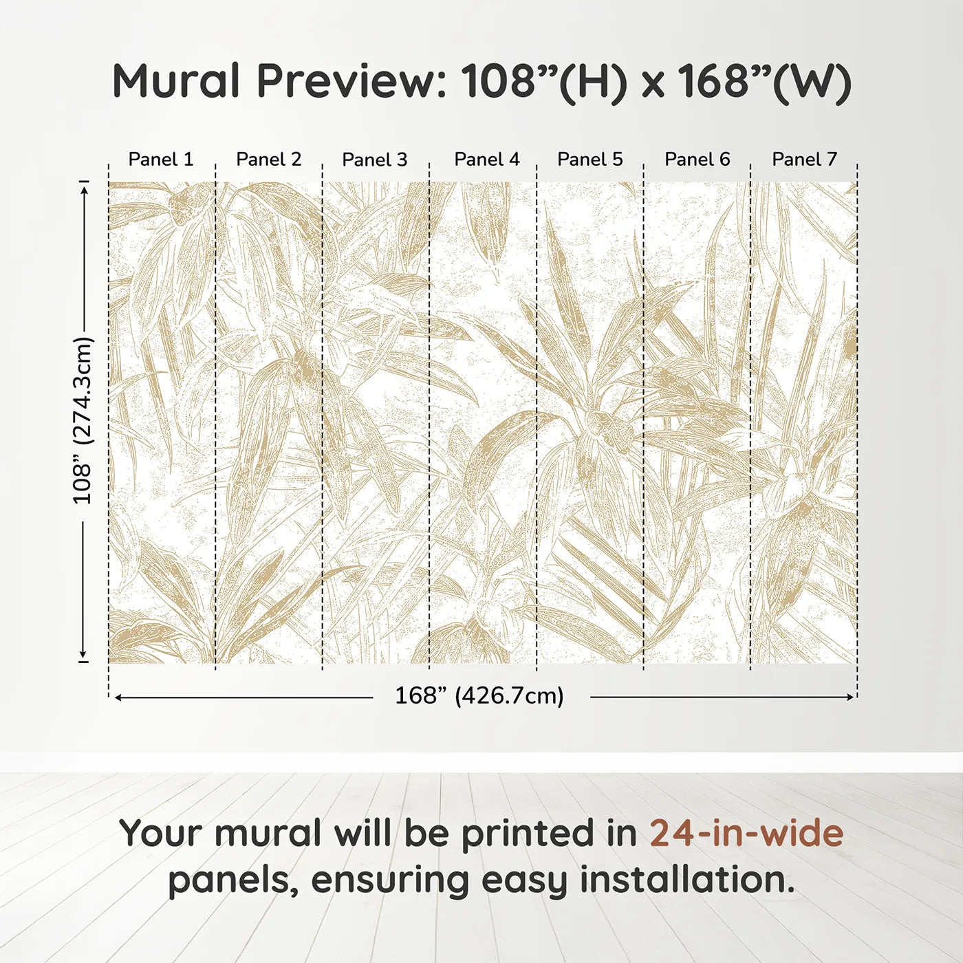 Whimsy Tots Golden Bamboo Line Art Wall Muraldimension view (108" H x 168" W). Printed in seven 24-inch-wide panels. Gender-Neutral