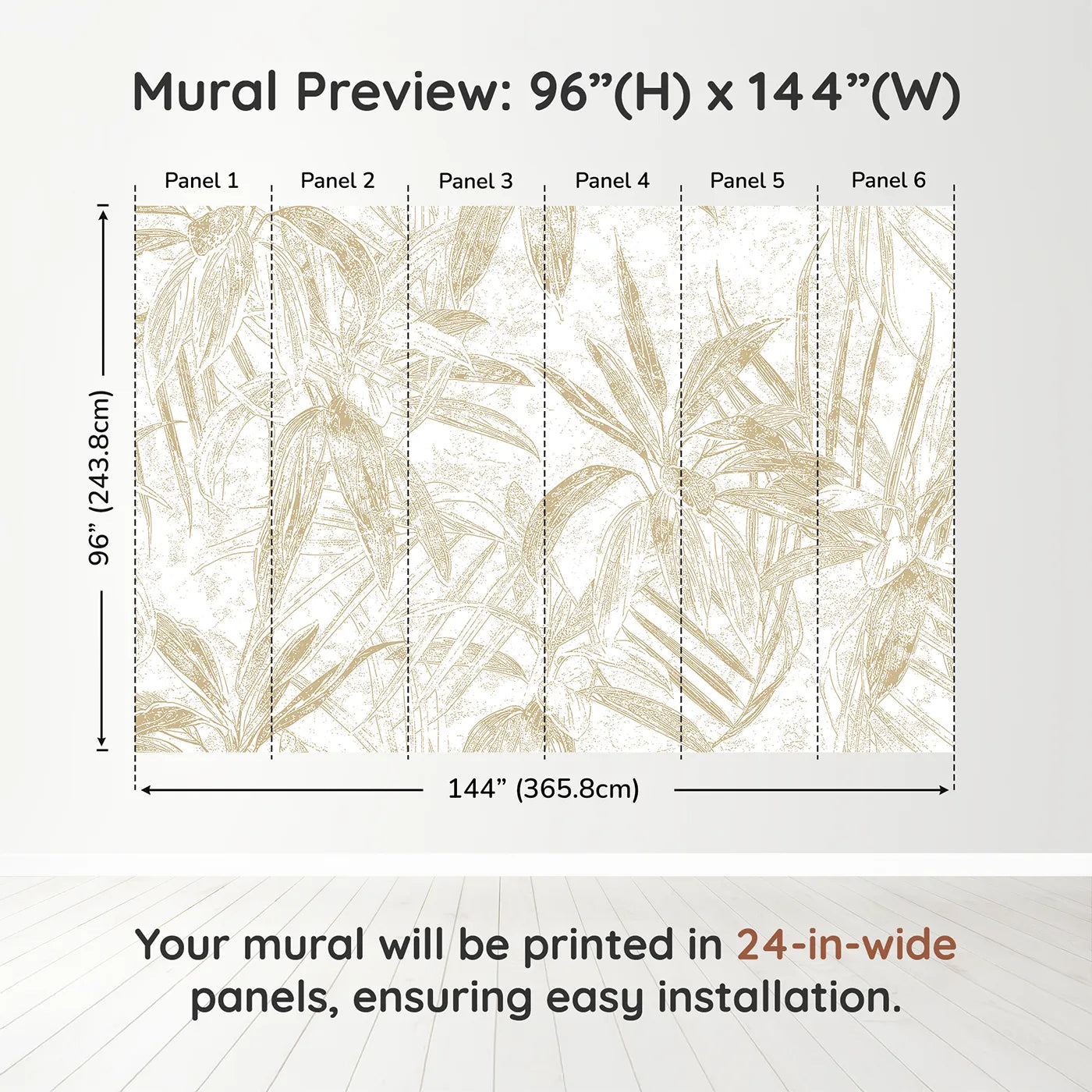 Whimsy Tots Golden Bamboo Line Art Wall Muraldimension view (96" H x 144" W). Printed in six 24-inch-wide panels. Gender-Neutral