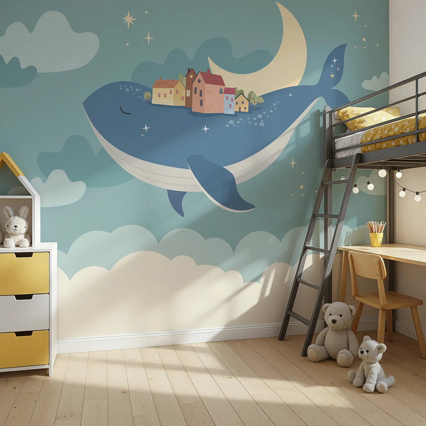 Angled view of Whimsy Tots' Flying Village Whale Wall Mural (Turn Their Room into a Magical, Starry Dreamscape).Gender-Neutral