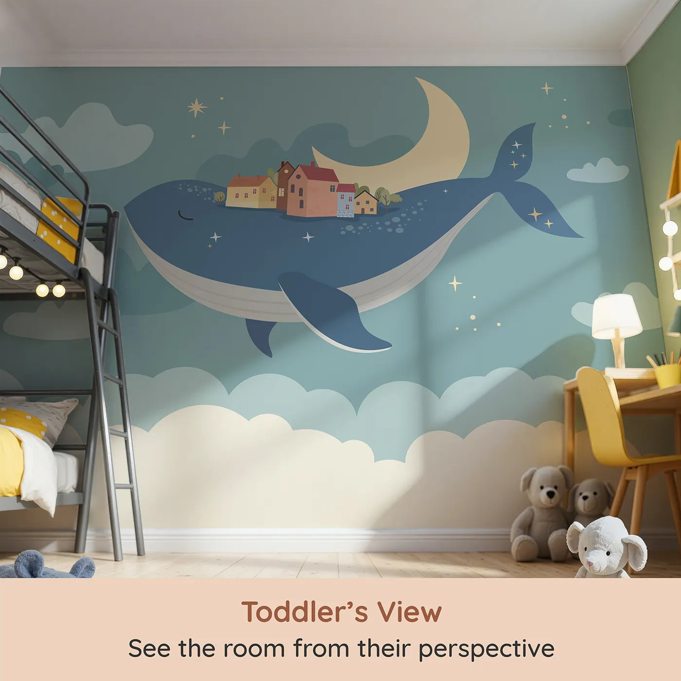 Whimsy Tots Flying Village Whale Wall Mural (Turn Their Room into a Magical, Starry Dreamscape) from your child's view.Gender-Neutral
