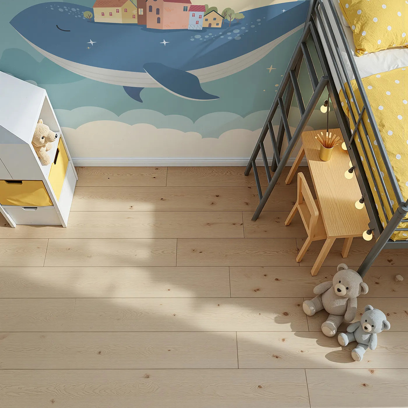 Top-down view of Whimsy Tots' Flying Village Whale Wall Mural (Turn Their Room into a Magical, Starry Dreamscape).Gender-Neutral