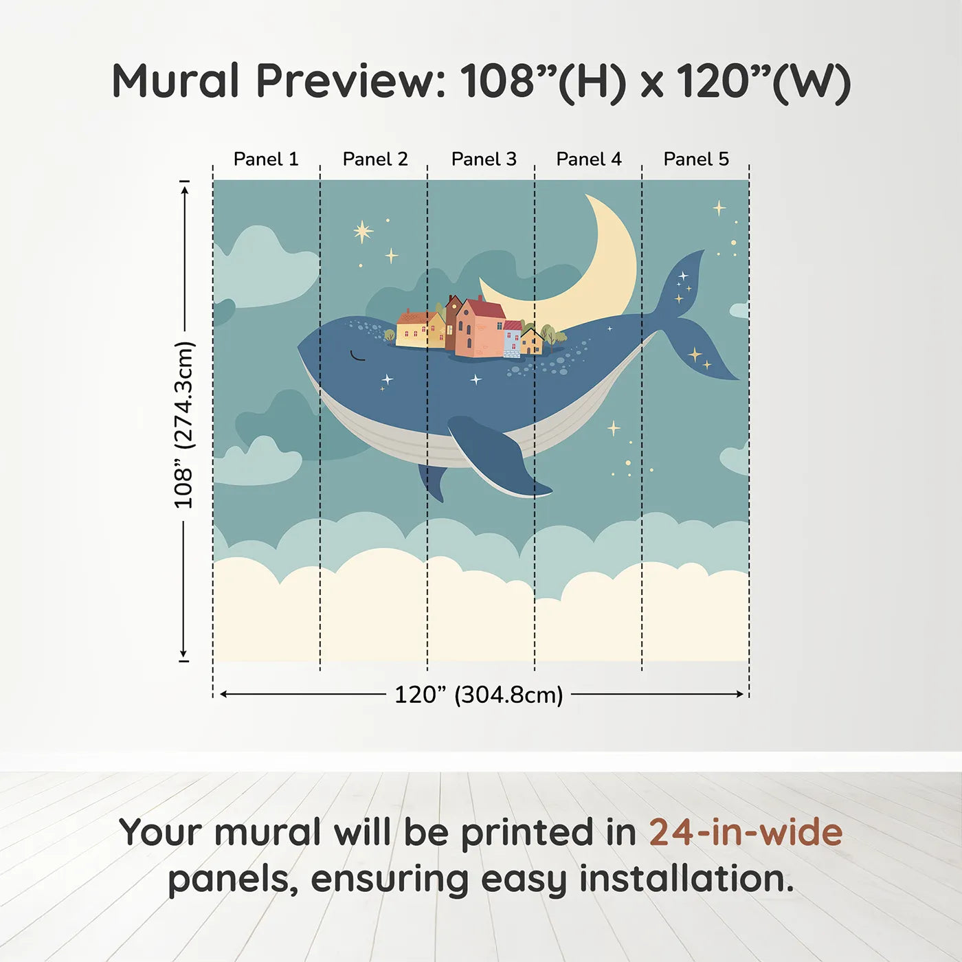 Whimsy Tots Flying Village Whale Wall Muraldimension view (108" H x 120" W). Printed in five 24-inch-wide panels. Gender-Neutral