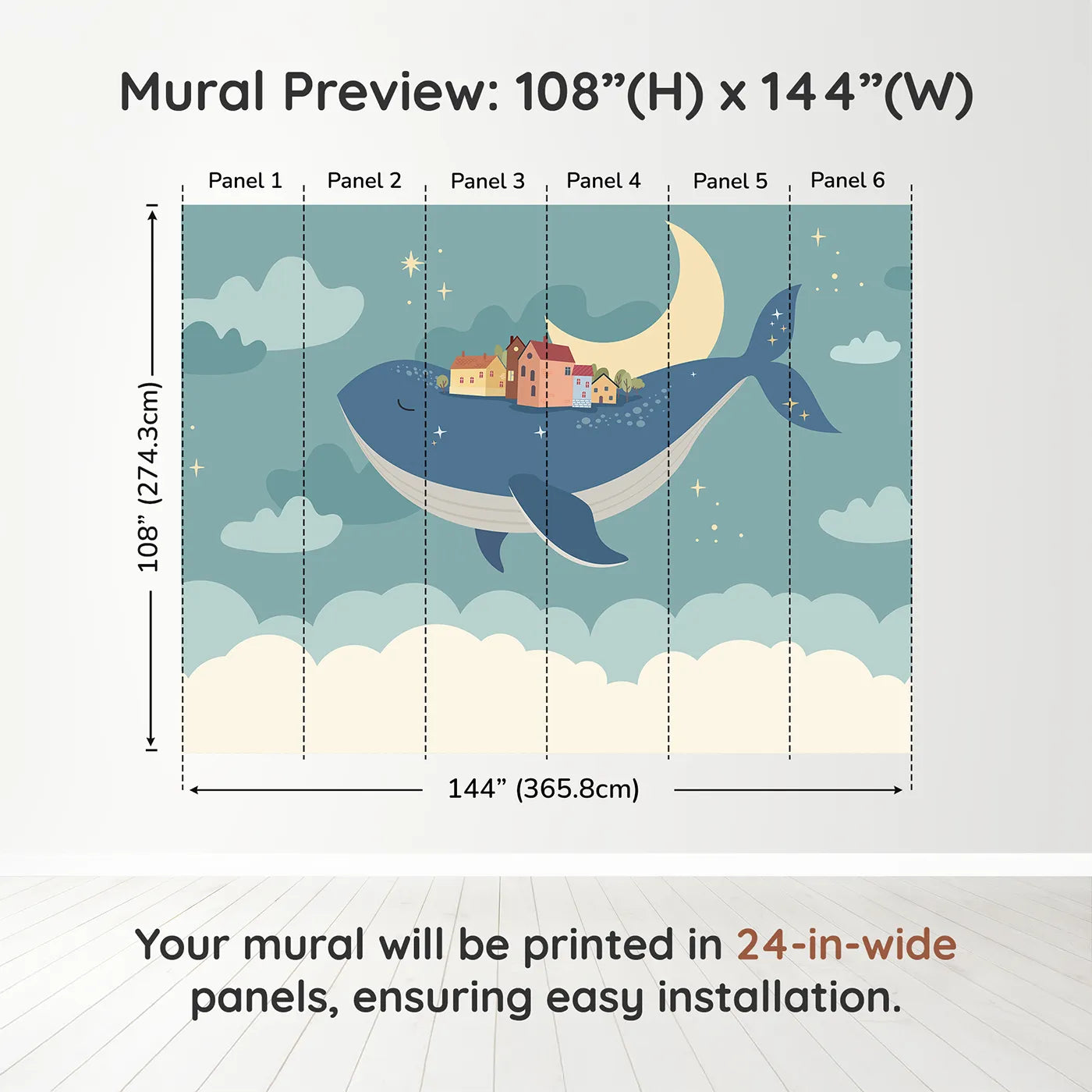 Whimsy Tots Flying Village Whale Wall Muraldimension view (108" H x 144" W). Printed in six 24-inch-wide panels. Gender-Neutral