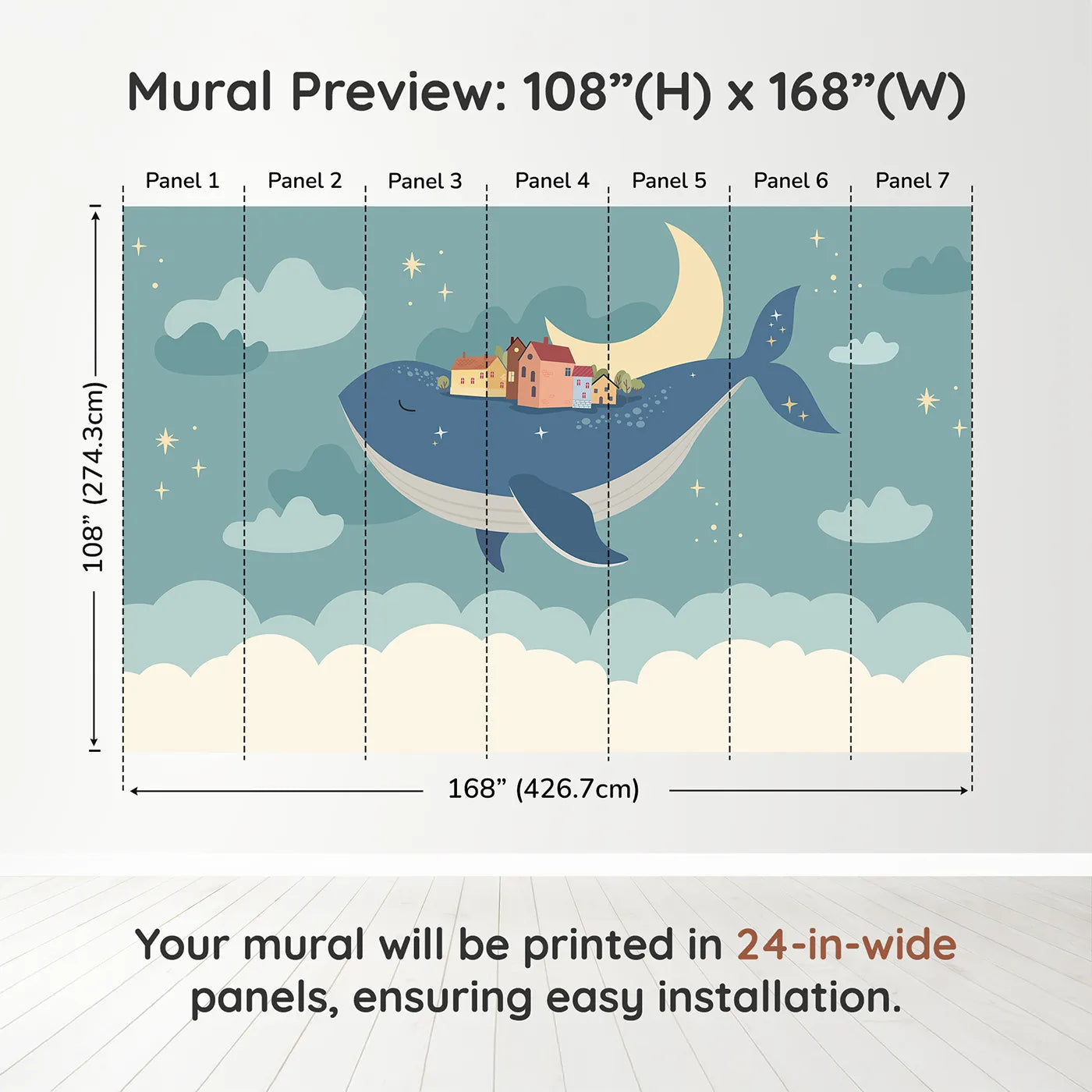 Whimsy Tots Flying Village Whale Wall Muraldimension view (108" H x 168" W). Printed in seven 24-inch-wide panels. Gender-Neutral