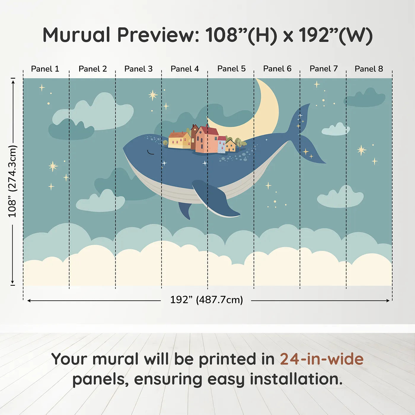 Whimsy Tots Flying Village Whale Wall Muraldimension view (108" H x 192" W). Printed in eight 24-inch-wide panels. Gender-Neutral