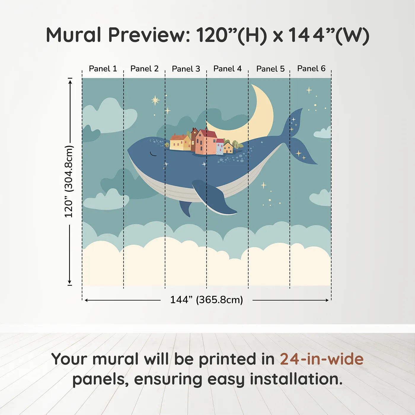Whimsy Tots Flying Village Whale Wall Muraldimension view (120" H x 144" W). Printed in six 24-inch-wide panels. Gender-Neutral