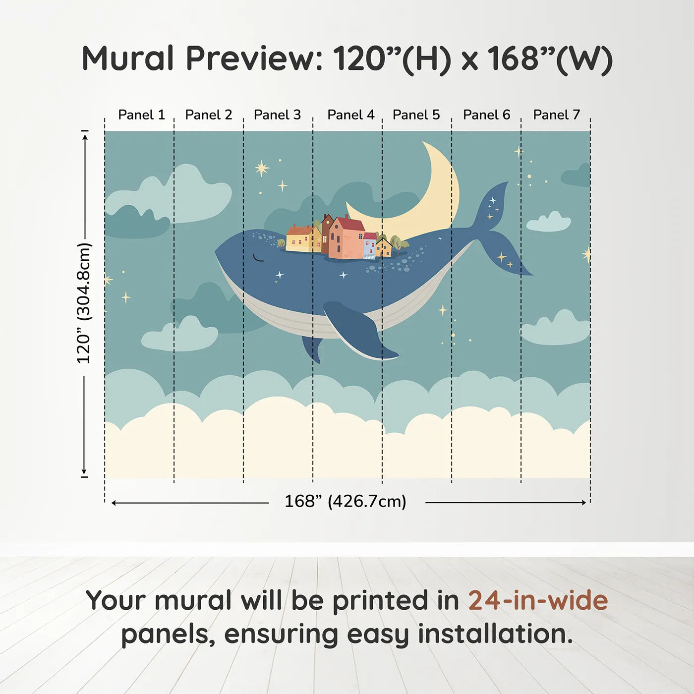 Whimsy Tots Flying Village Whale Wall Muraldimension view (120" H x 168" W). Printed in seven 24-inch-wide panels. Gender-Neutral