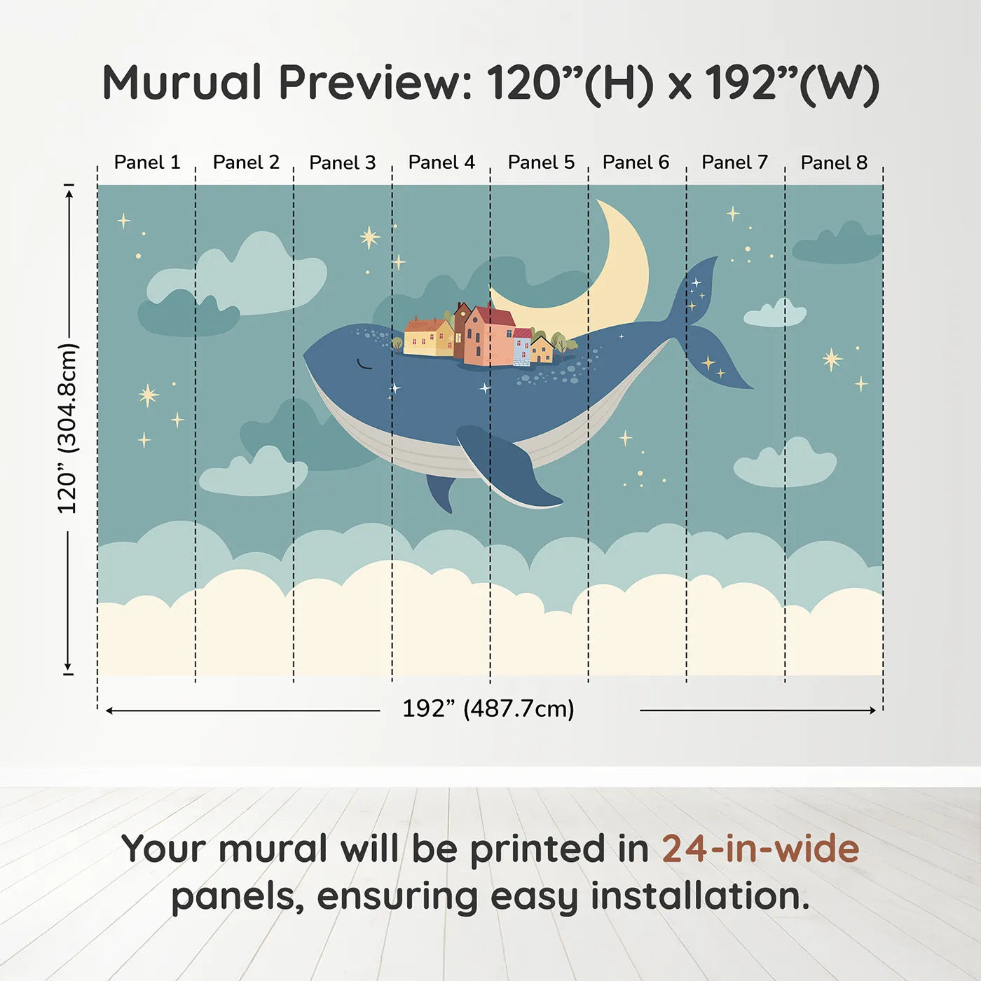 Whimsy Tots Flying Village Whale Wall Muraldimension view (120" H x 192" W). Printed in eight 24-inch-wide panels. Gender-Neutral