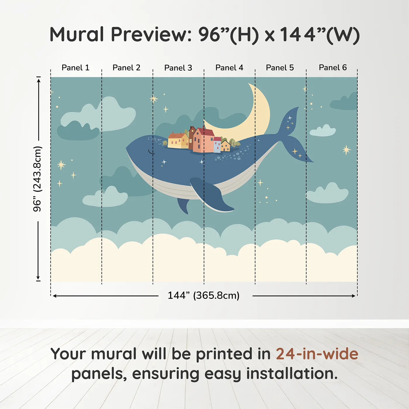 Whimsy Tots Flying Village Whale Wall Muraldimension view (96" H x 144" W). Printed in six 24-inch-wide panels. Gender-Neutral