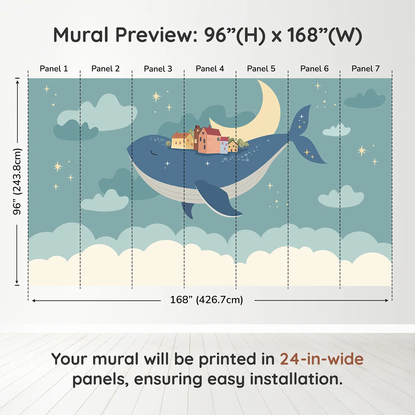 Whimsy Tots Flying Village Whale Wall Muraldimension view (96" H x 168" W). Printed in seven 24-inch-wide panels. Gender-Neutral