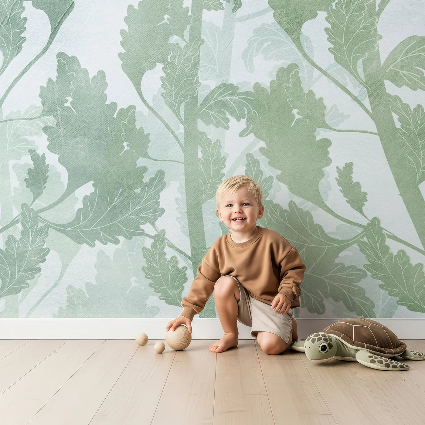 Child in front of Whimsy Tots Blue Wildflower Field Wall Mural with flower, wildflower, blue, painterly, floral, garden, modern, abstract in design.