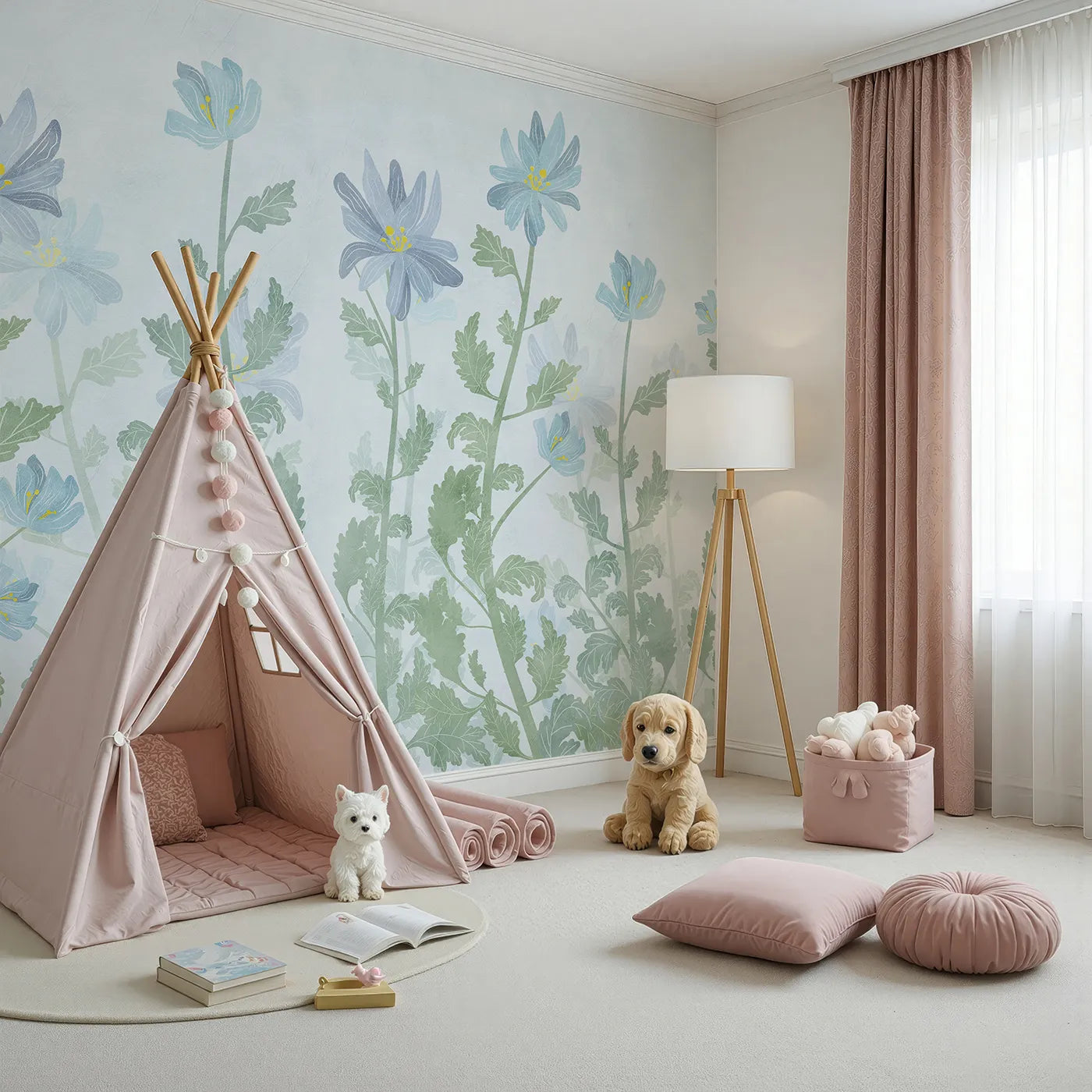 Angled view of Whimsy Tots' Blue Wildflower Field Wall Mural (Turn Their Room into a Field of Gentle, Painted Flowers).Gender-Neutral