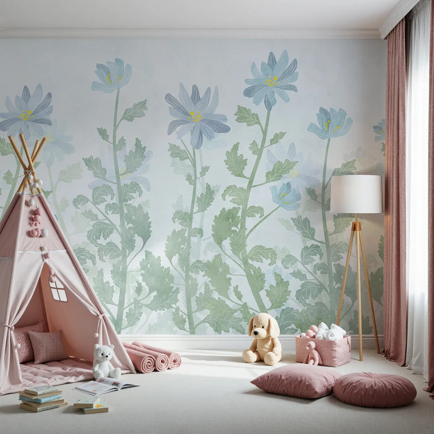 Front view of Whimsy Tots' Blue Wildflower Field Wall Mural