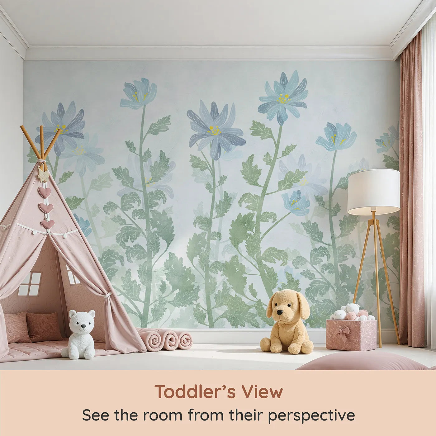 Whimsy Tots Blue Wildflower Field Wall Mural (Turn Their Room into a Field of Gentle, Painted Flowers) from your child's view.Gender-Neutral
